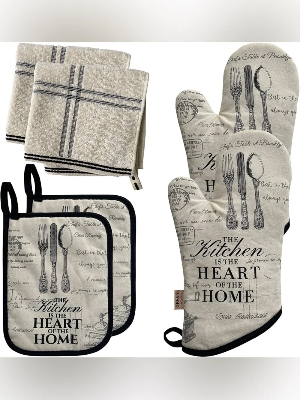 Grevy 1 pair of oven mitts, 2 pot holders and 2 cotton terry tea towels 6 pieces